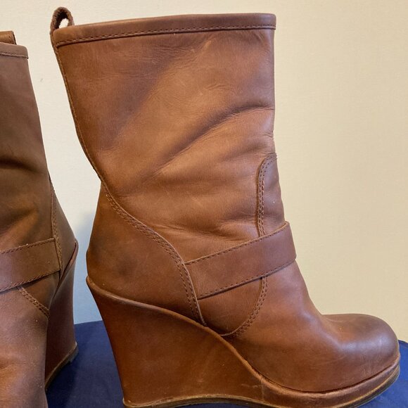 Lucky Brand Distressed Leather Wedge Heel Boots Women’s 7/7.5 – Caramel Leather - Picture 6 of 11